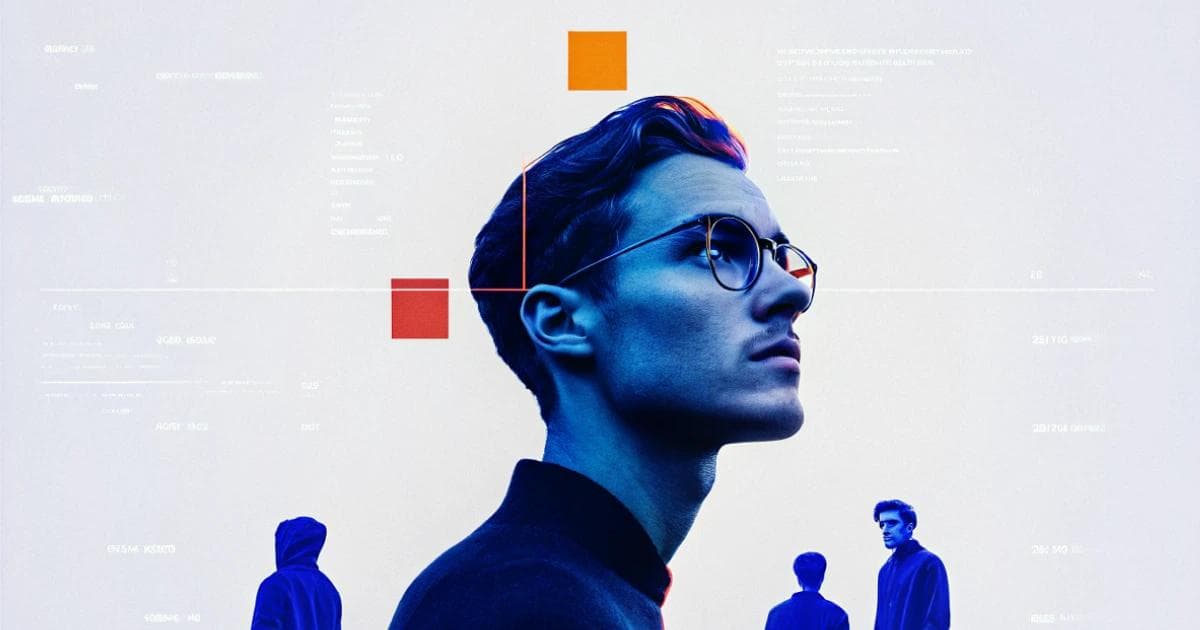 A digital artwork for my song "Unstoppable me" featuring a man in a dark wear, surrounded by figures in shadow, with overlays of data and geometric shapes.